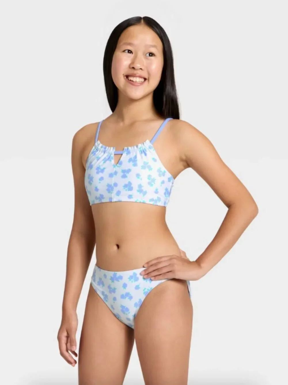 Art Class Girls' Ditsy Rose Energy Blue White Bikini Swim Set Size Medium 8
